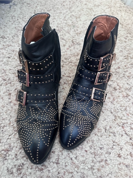 Shoes - Black Studded Triple-Buckle Ankle Boots